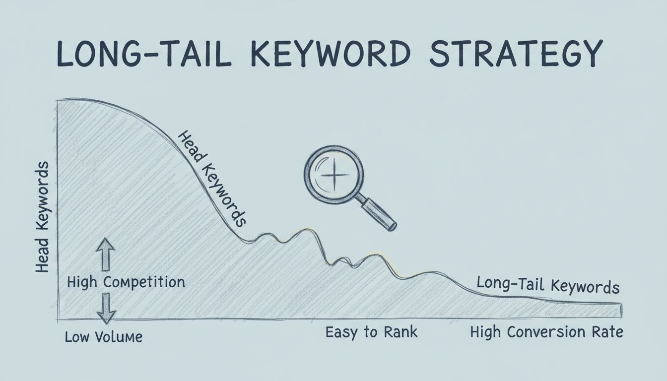 Diagramma della strategia keyword long-tail che mostra le head keyword con alta concorrenza rispetto alle keyword long-tail con potenziale di posizionamento più facile