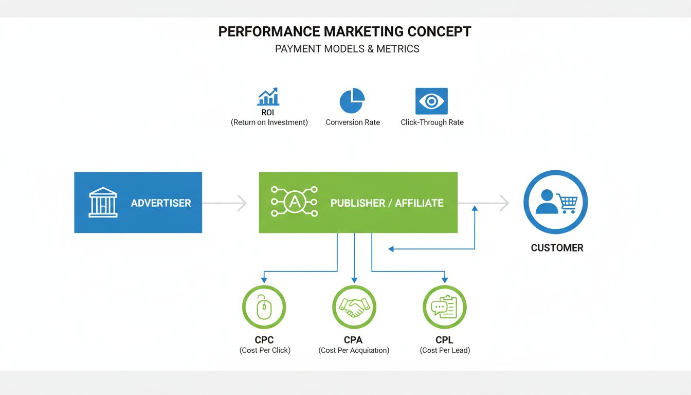Performance marketing payment models and metrics flowchart showing advertiser, publisher, and customer relationships with CPC, CPA, CPL payment options