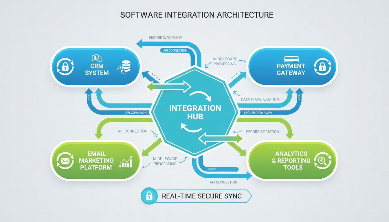 Software integration architecture diagram showing CRM, Email Marketing, Payment Gateway, and Analytics tools connected through central integration hub with APIs and real-time sync