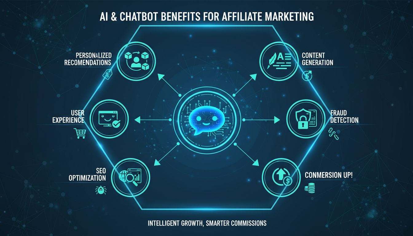 Infografica sui benefici di IA e chatbot per il marketing di affiliazione che mostra generazione di contenuti, raccomandazioni personalizzate, esperienza utente, ottimizzazione SEO, analisi, rilevamento frodi e aumento delle conversioni