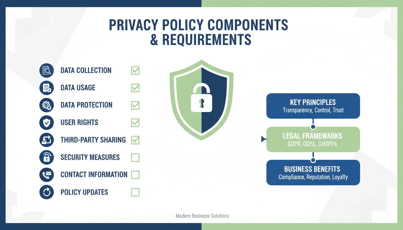 Infografica componenti privacy policy che mostra raccolta dati, uso, protezione, diritti utente, condivisione con terzi, misure di sicurezza, informazioni di contatto e aggiornamenti policy