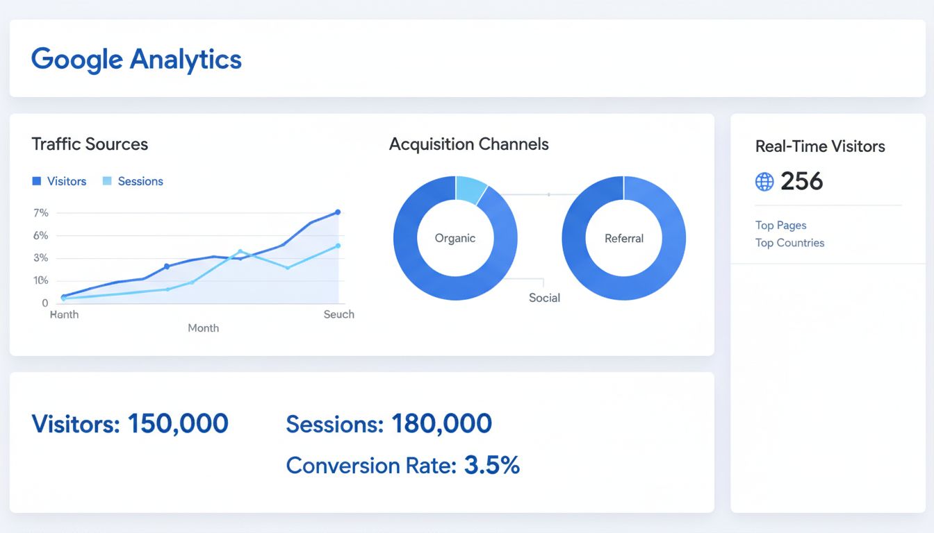 Dashboard di Google Analytics che mostra metriche di traffico, dati dei visitatori e canali di acquisizione