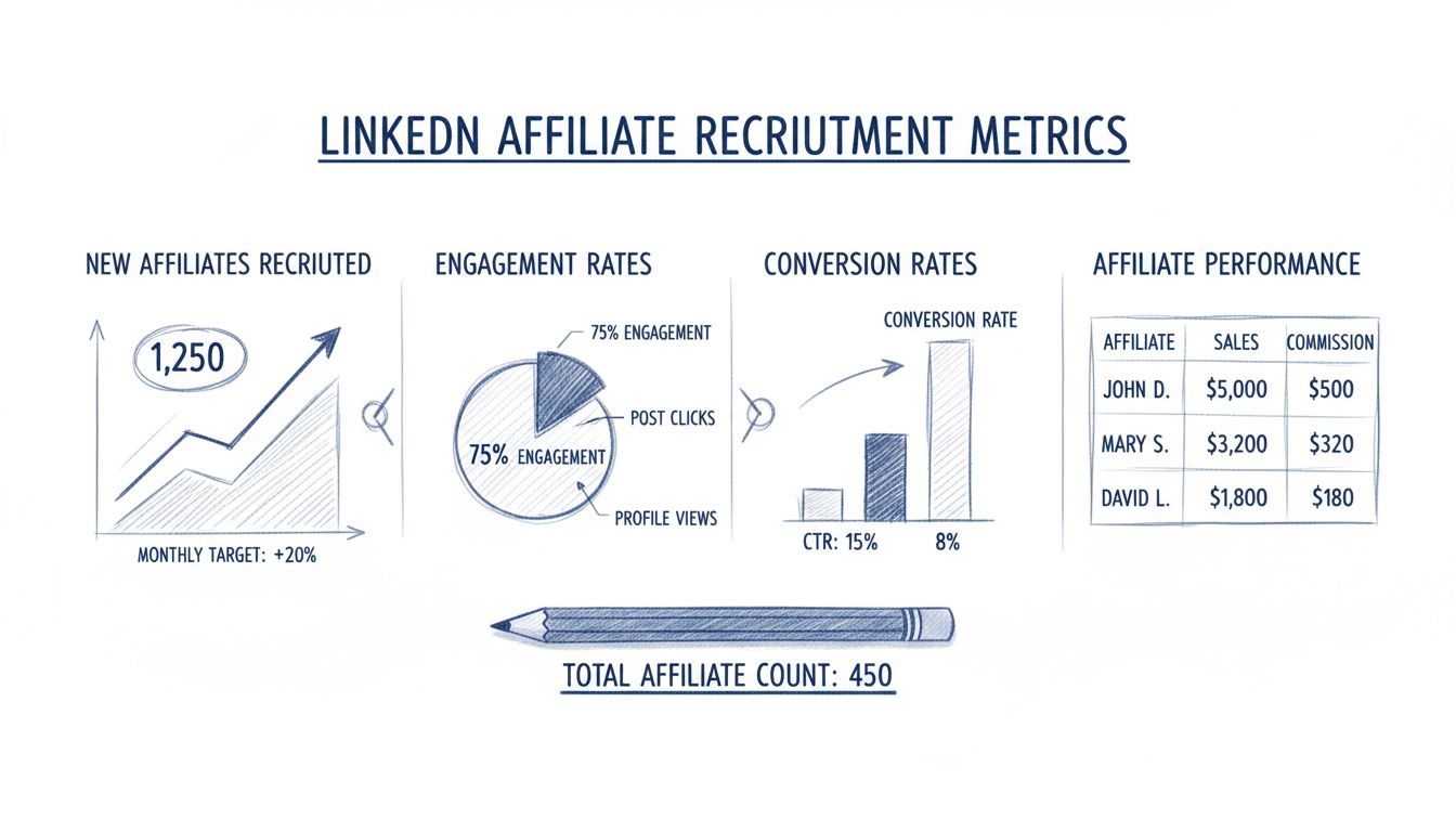 Dashboard delle metriche di reclutamento affiliati LinkedIn che mostra nuovi affiliati reclutati, tassi di coinvolgimento, tassi di conversione e indicatori di performance degli affiliati