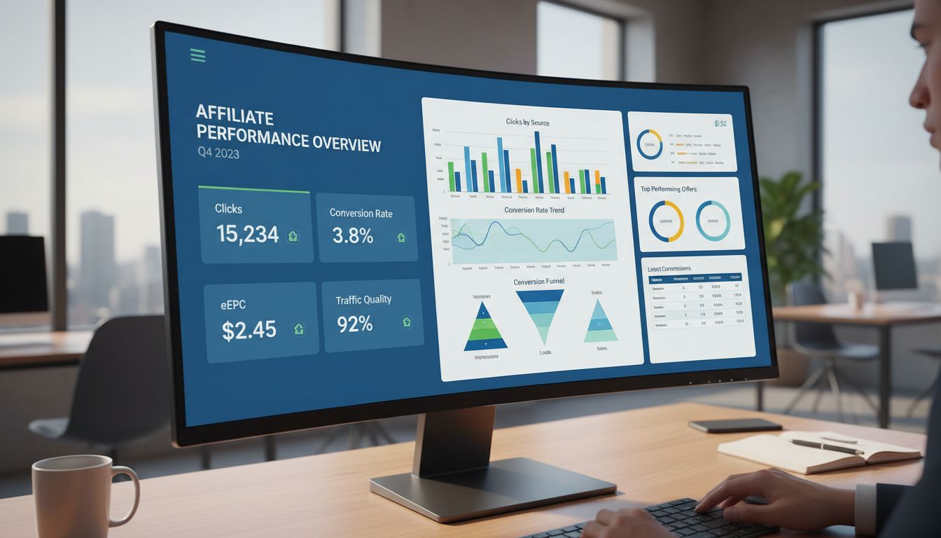 Affiliate marketing metrics dashboard showing clicks, conversion rates, eEPC, and traffic quality analytics
