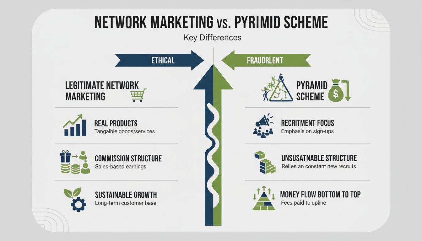 Diagramma comparativo che mostra le differenze tra network marketing e schemi piramidali con gerarchia visiva e design infografico professionale