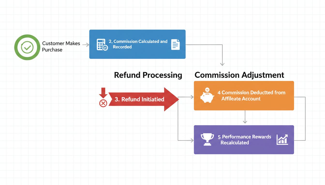 Diagramma del flusso di tracciamento delle commissioni e gestione dei rimborsi che mostra acquisto, calcolo della commissione, elaborazione del rimborso e ricalcolo dei premi di performance