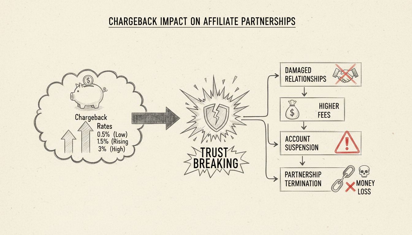 Diagramma disegnato a mano che mostra l'impatto degli alti chargeback sulle partnership di affiliazione con l'aumento dei tassi di chargeback e le relative conseguenze