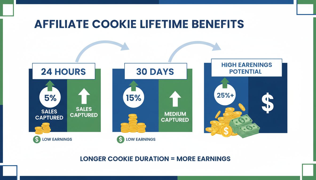 Confronto dei benefici della durata dei cookie che mostra 24 ore, 30 giorni e 90 giorni con percentuali di vendite catturate e visualizzazione del potenziale di guadagno per affiliati