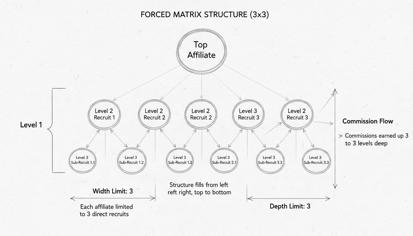 Diagramma Forced Matrix 3x3 che mostra i limiti di larghezza e profondità con il flusso delle commissioni