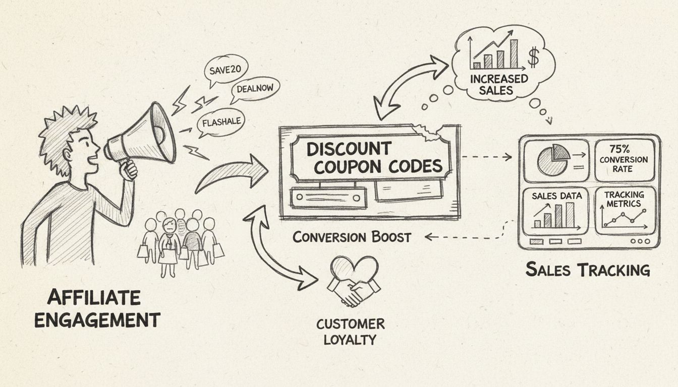 Diagramma disegnato a mano che mostra i benefici dei coupon affiliati tra cui engagement, aumento delle conversioni, tracciamento delle vendite e fedeltà dei clienti