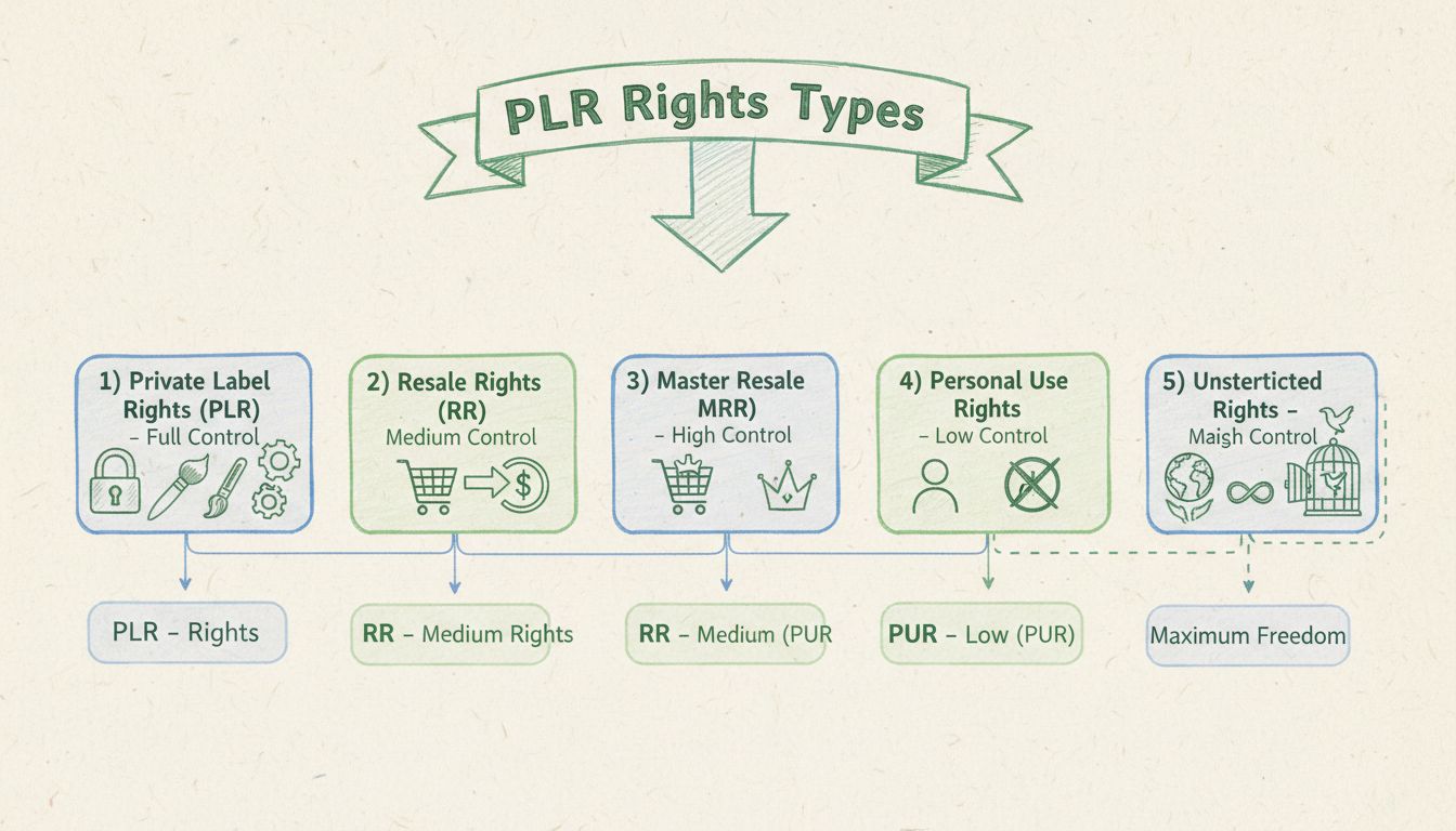 Diagramma che mostra i 5 tipi di diritti PLR con i rispettivi livelli di controllo e libertà