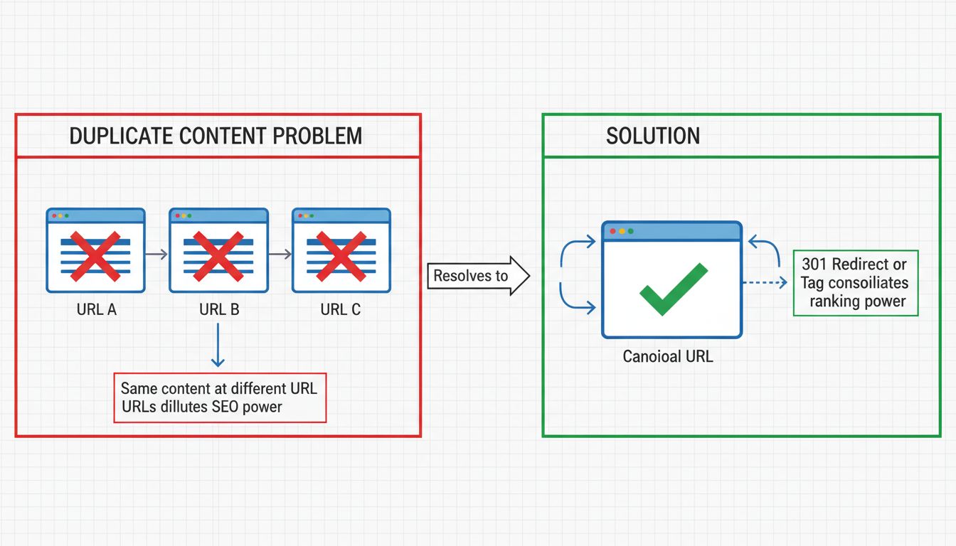 Diagramma del problema dei contenuti duplicati rispetto alla soluzione che mostra più URL con segni X rossi sul lato sinistro e un singolo URL canonico con segno di spunta verde sul lato destro