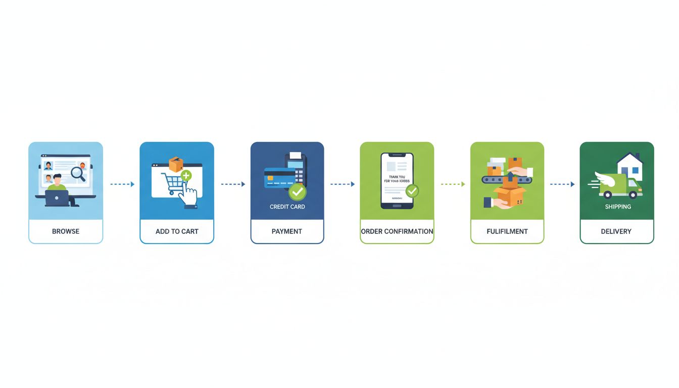 Diagramma del flusso e-commerce che mostra i passaggi di navigazione cliente, carrello, elaborazione pagamento, conferma ordine e consegna