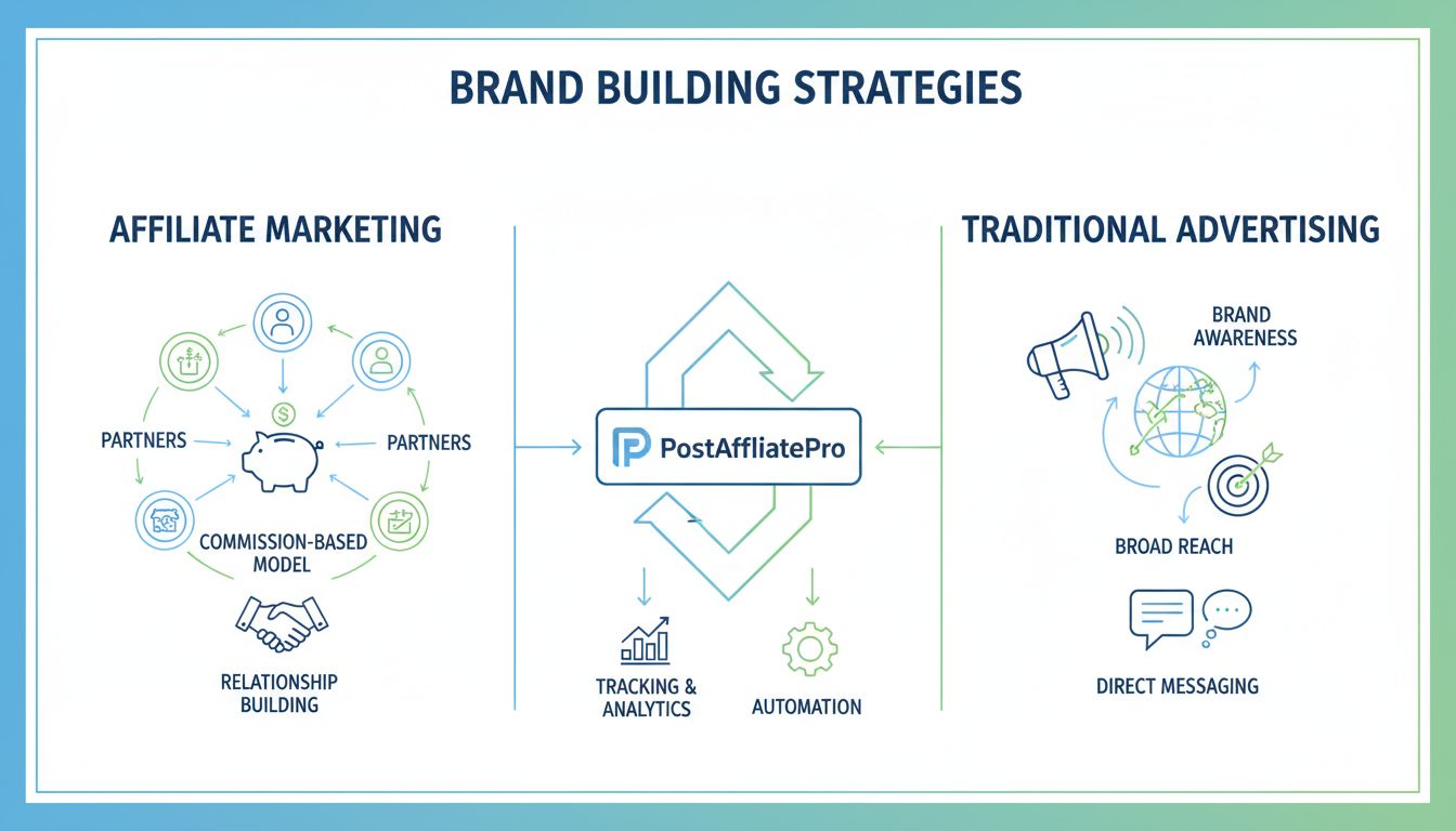 Diagramma comparativo tra marketing di affiliazione e pubblicità per la costruzione del brand che mostra partnership di rete, modelli di commissione e strategie di notorietà del brand