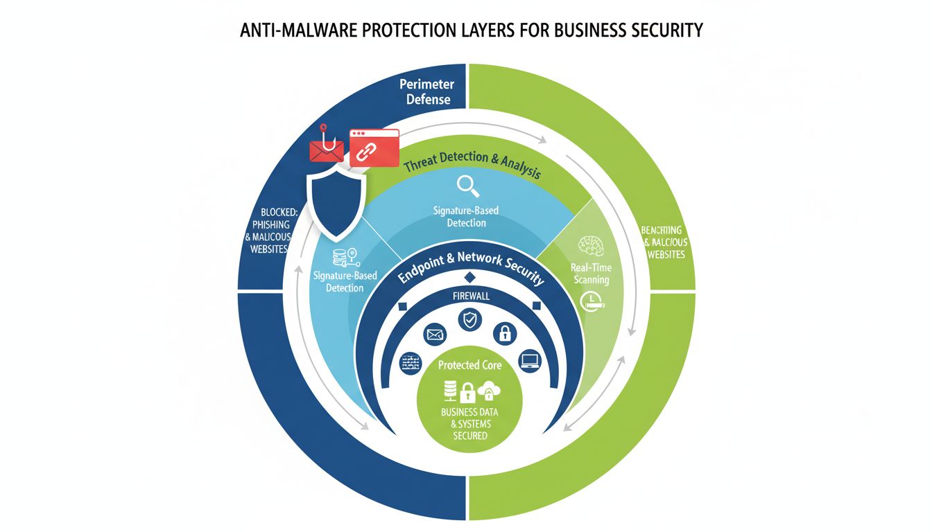 Livelli di protezione anti-malware che mostrano più difese di sicurezza tra cui blocco phishing, rilevamento a firme, analisi comportamentale e protezione endpoint