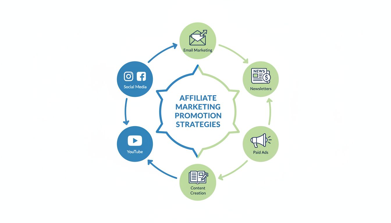 Canali di promozione affiliate marketing inclusi social media, email marketing, creazione di contenuti, YouTube, pubblicità a pagamento e newsletter