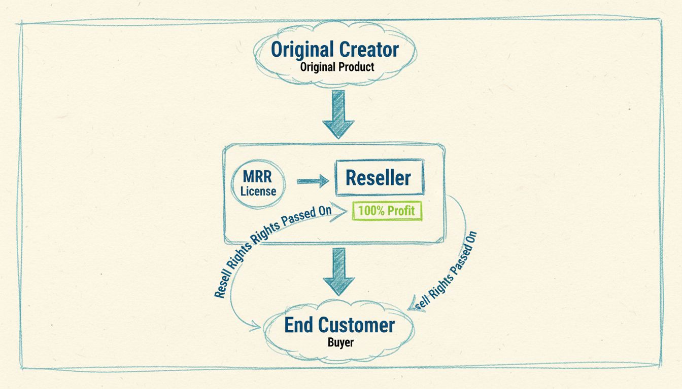 Diagramma del modello di business Master Resell Rights che mostra come i diritti di rivendita passano dal creatore originale ai rivenditori e ai clienti finali