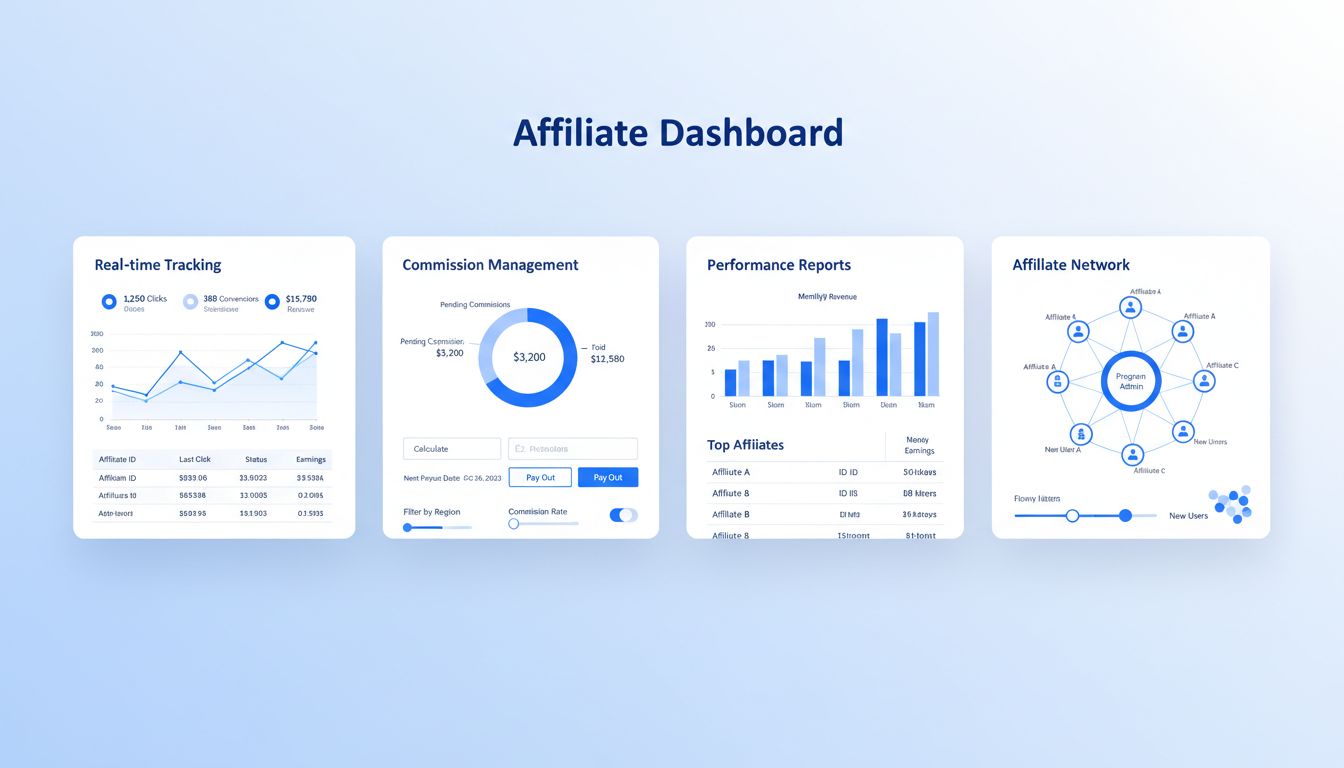 Dashboard di Post Affiliate Pro che mostra monitoraggio affiliati in tempo reale, gestione delle commissioni e analisi delle performance