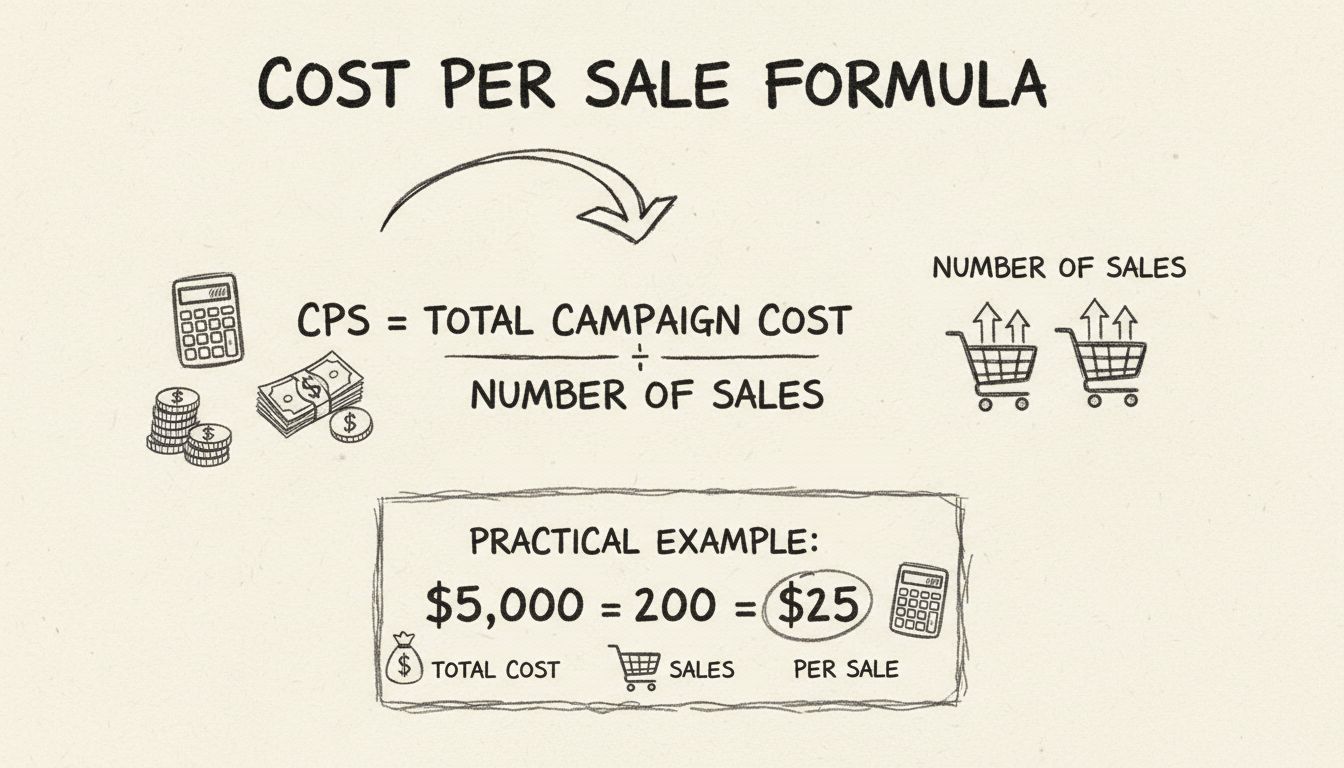 Diagramma della formula di calcolo del Cost Per Sale che mostra il CPS uguale al costo totale della campagna diviso per il numero di vendite con esempio di calcolo