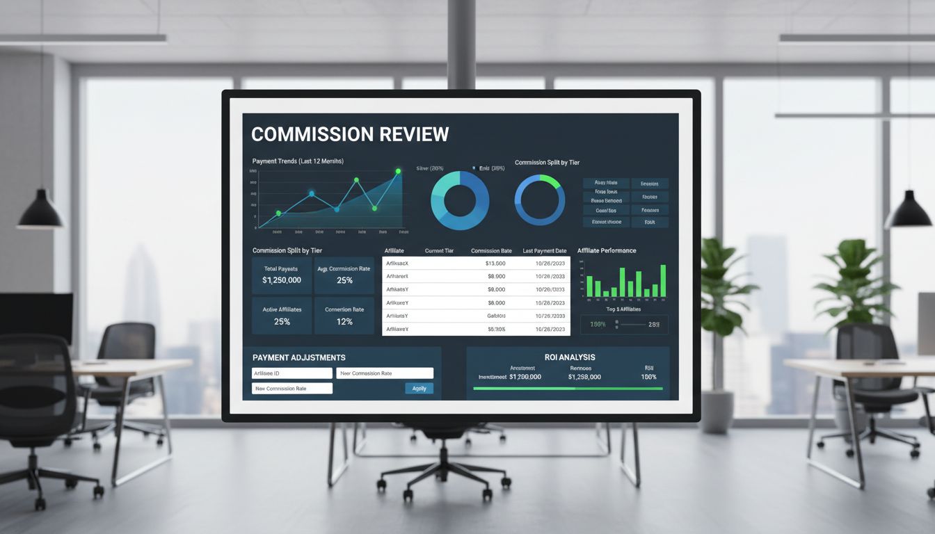 Dashboard professionale dei pagamenti affiliati che mostra metriche di commissione, analisi ROI e strategie di adeguamento pagamenti