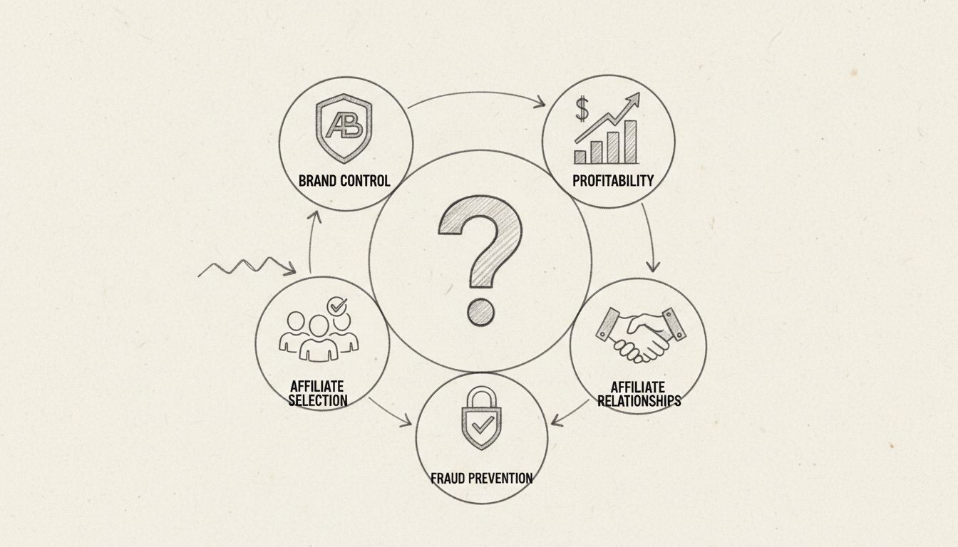 Infografica che mostra le cinque principali sfide dei programmi di affiliazione: Controllo del Brand, Selezione degli Affiliati, Redditività, Relazioni con gli Affiliati e Prevenzione delle Frodi