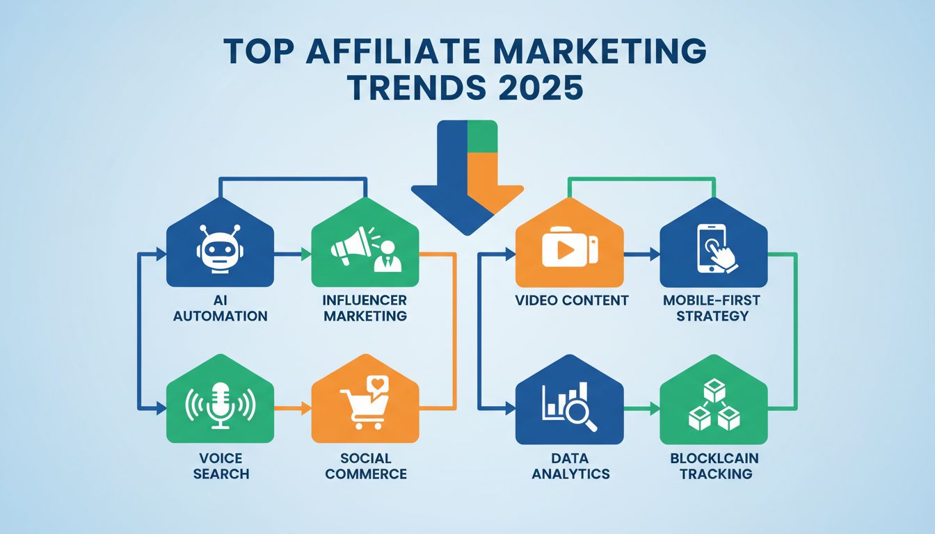 Infografica delle principali tendenze dell'affiliate marketing 2025 con automazione AI, influencer marketing, contenuti video, strategia mobile-first, ricerca vocale, social commerce, data analytics e blockchain