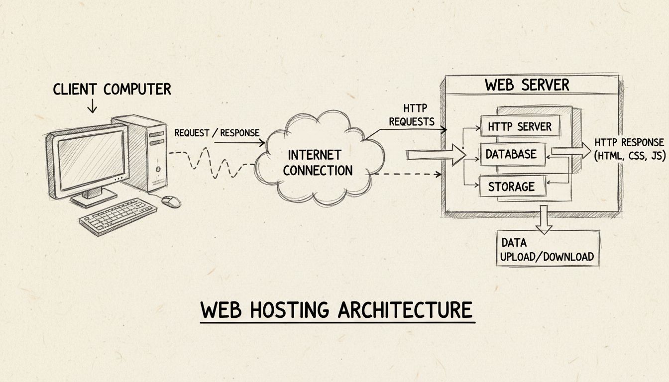 Diagramma architettura web hosting che mostra computer client, connessione Internet e server web con storage e componenti database