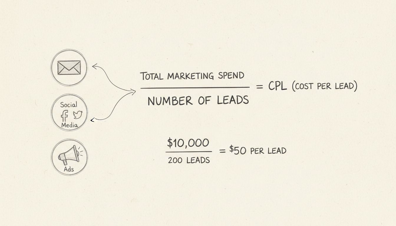 Diagramma della formula di calcolo del costo per lead che mostra la spesa totale di marketing divisa per il numero di lead