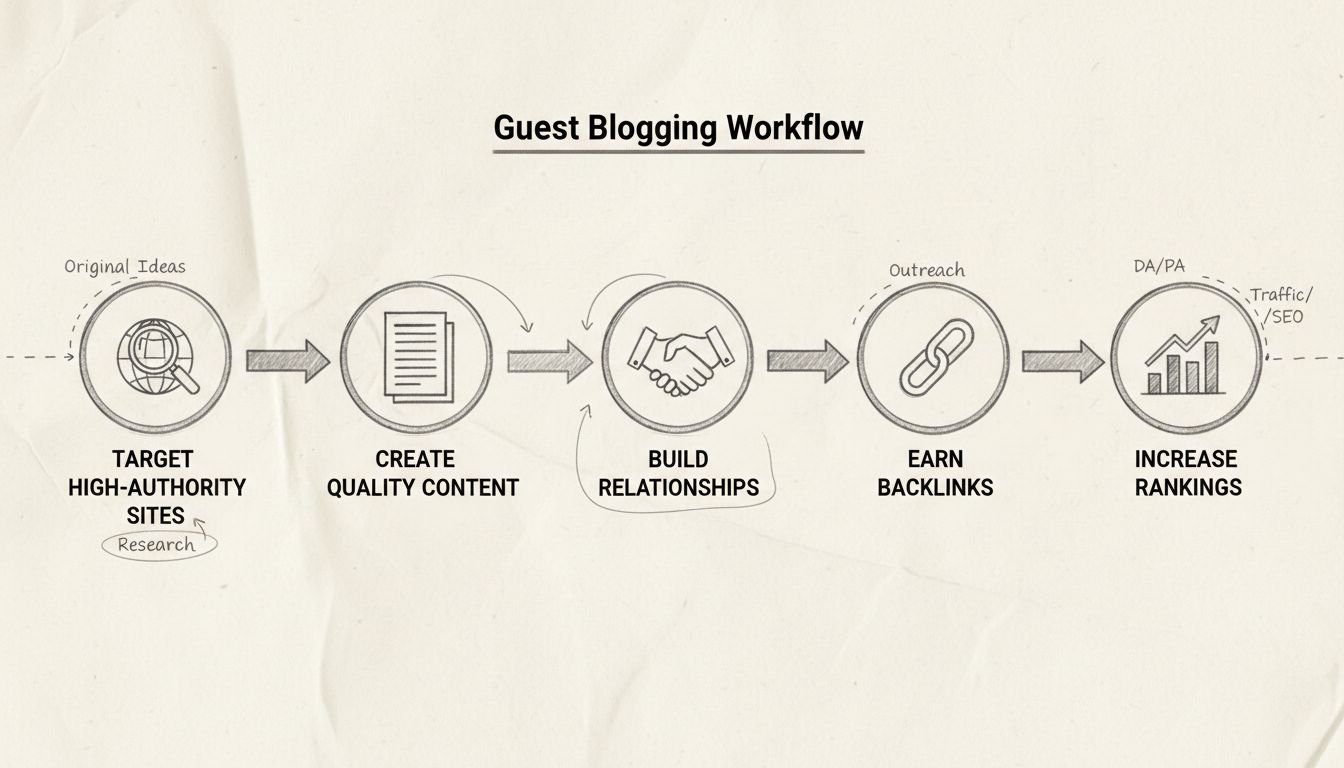 Flusso di lavoro della strategia di guest blogging che mostra cinque passaggi: Targetizzare siti autorevoli, creare contenuti di qualità, costruire relazioni, ottenere backlink e aumentare il ranking con frecce di collegamento