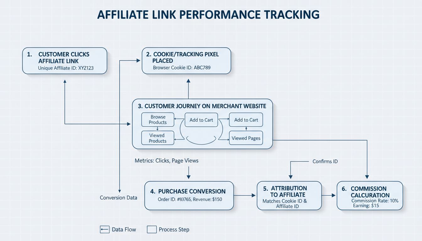 Diagramma del flusso di tracciamento dei link affiliati che mostra il percorso del cliente dal clic alla commissione