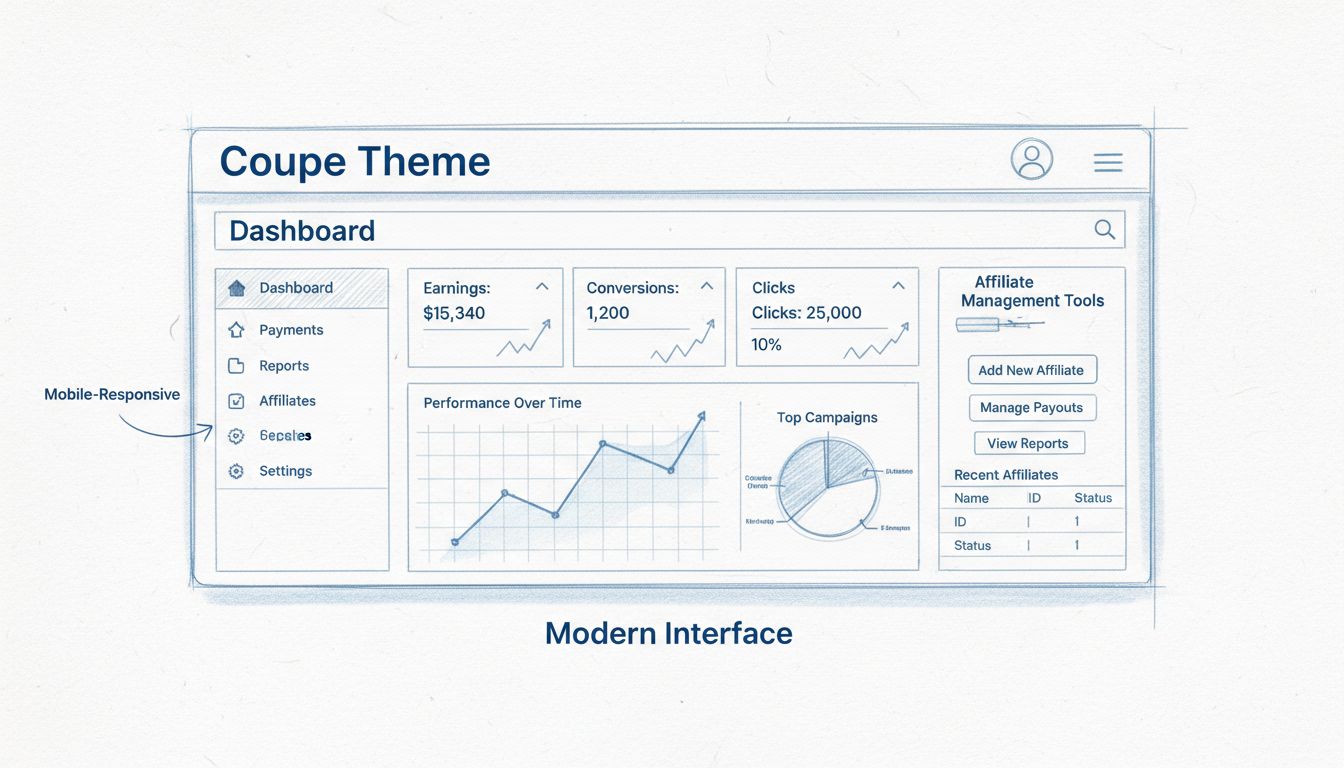 Interfaccia dashboard del moderno Tema Coupe con design mobile-responsive ed elementi UI contemporanei
