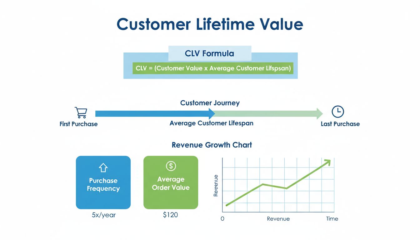 Infografica di formula e metriche per il calcolo del Customer Lifetime Value che mostra formula CLV, cronologia del customer journey e indicatori chiave di performance