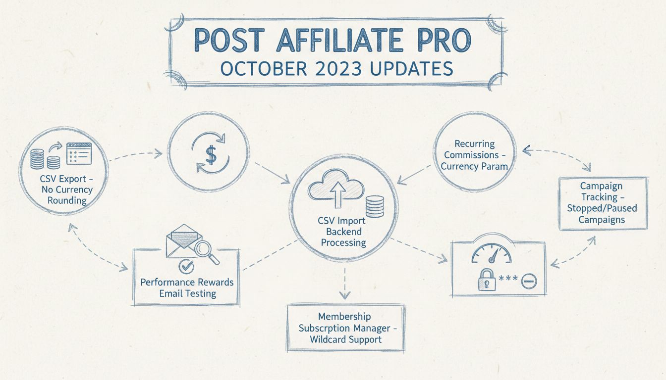 Diagramma degli aggiornamenti Post Affiliate Pro ottobre 2023 con esportazione CSV, Performance Rewards, commissioni ricorrenti, immagini profilo e funzionalità di tracciamento campagne