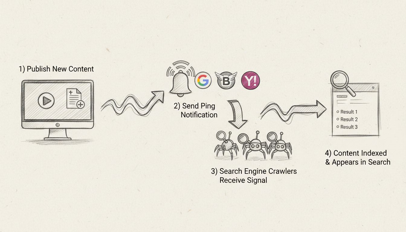 Diagramma del flusso di lavoro del pinging SEO che mostra la pubblicazione dei contenuti, la notifica di ping ai motori di ricerca, la ricezione del segnale da parte dei crawler e l'indicizzazione nei risultati di ricerca