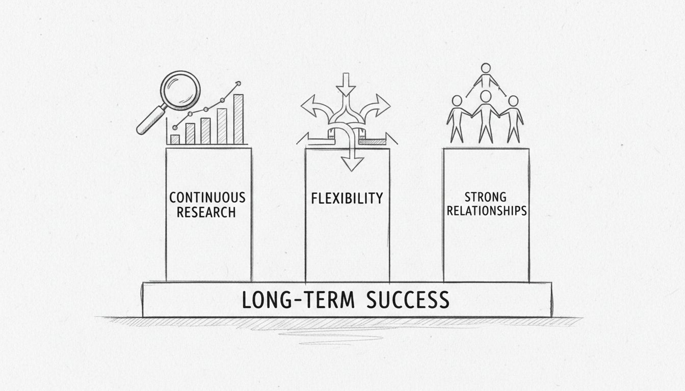 Tre pilastri del successo nell'affiliate marketing: Ricerca continua, Flessibilità e Relazioni solide a supporto del successo a lungo termine