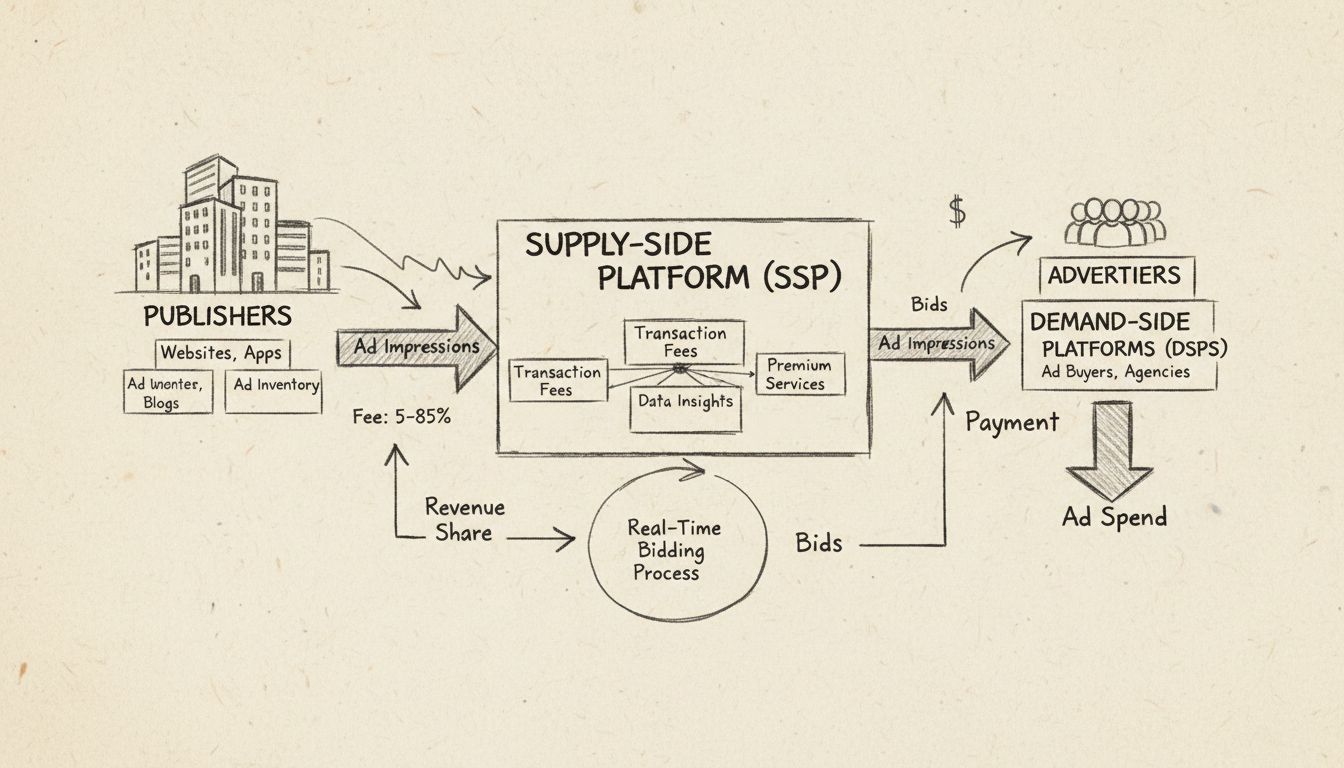 Diagramma disegnato a mano che mostra il flusso dei ricavi SSP tra editori, piattaforma SSP e inserzionisti con percentuali di commissione
