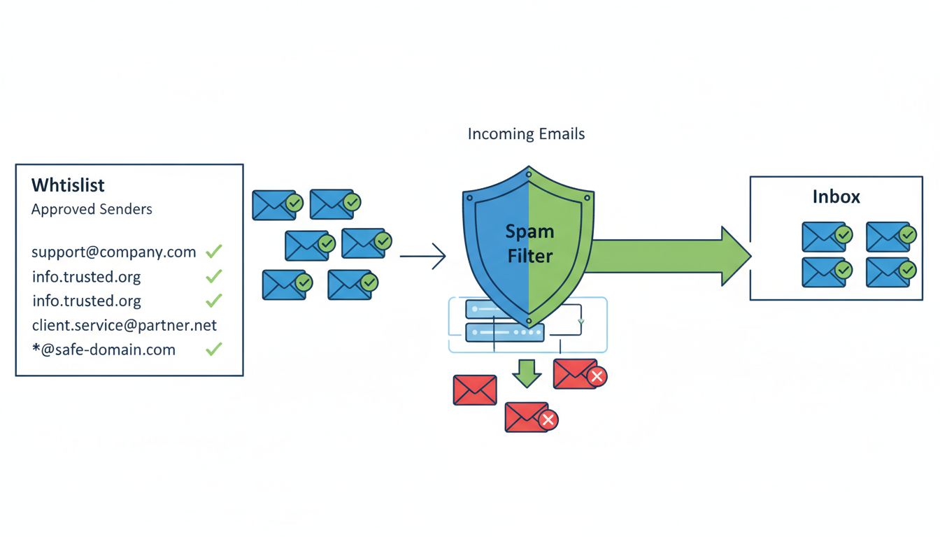 Diagramma del concetto di sicurezza della whitelist delle email che mostra i mittenti approvati, il bypass del filtro antispam e la consegna sicura in posta in arrivo