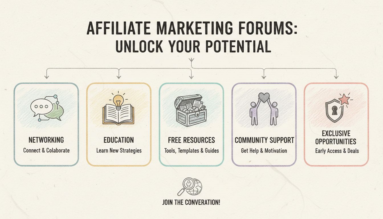 Infografica che mostra i benefici dei forum di affiliate marketing tra cui networking, formazione, risorse, supporto della community e opportunità esclusive
