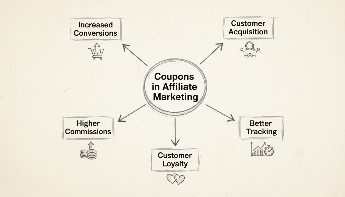 Benefits of coupons in affiliate marketing diagram showing increased conversions, customer acquisition, higher commissions, better tracking, and customer loyalty