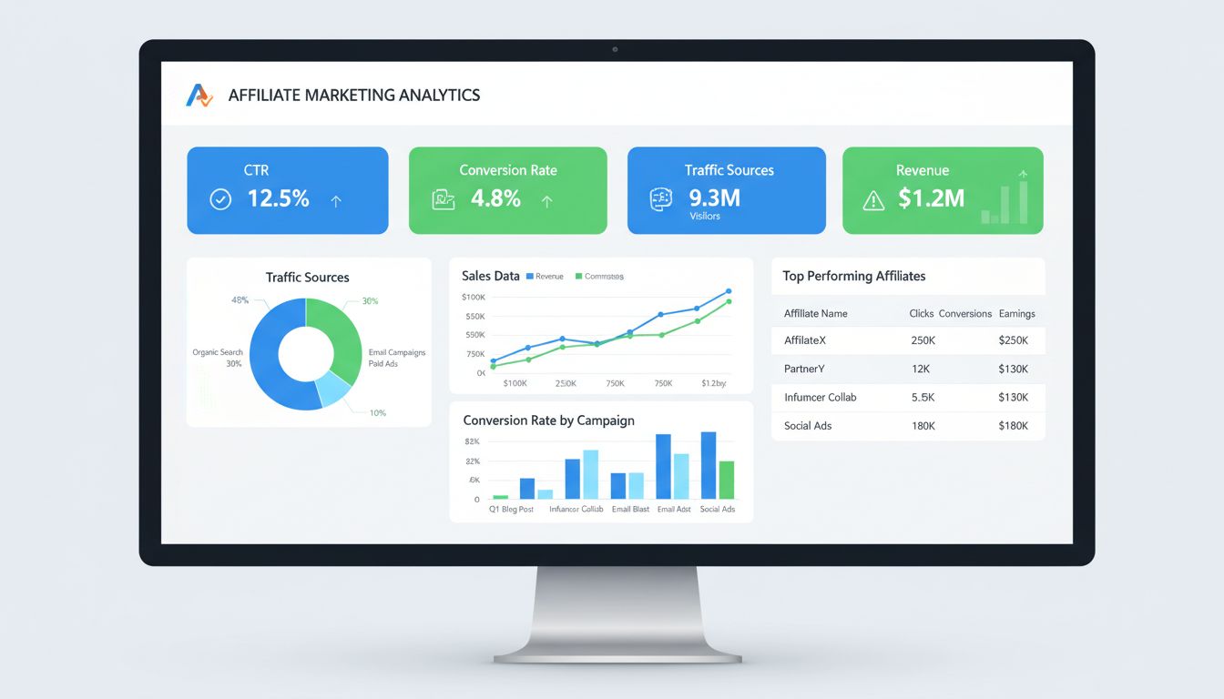 Dashboard di analytics per il marketing di affiliazione che mostra tassi di conversione, CTR, fonti di traffico e metriche di fatturato