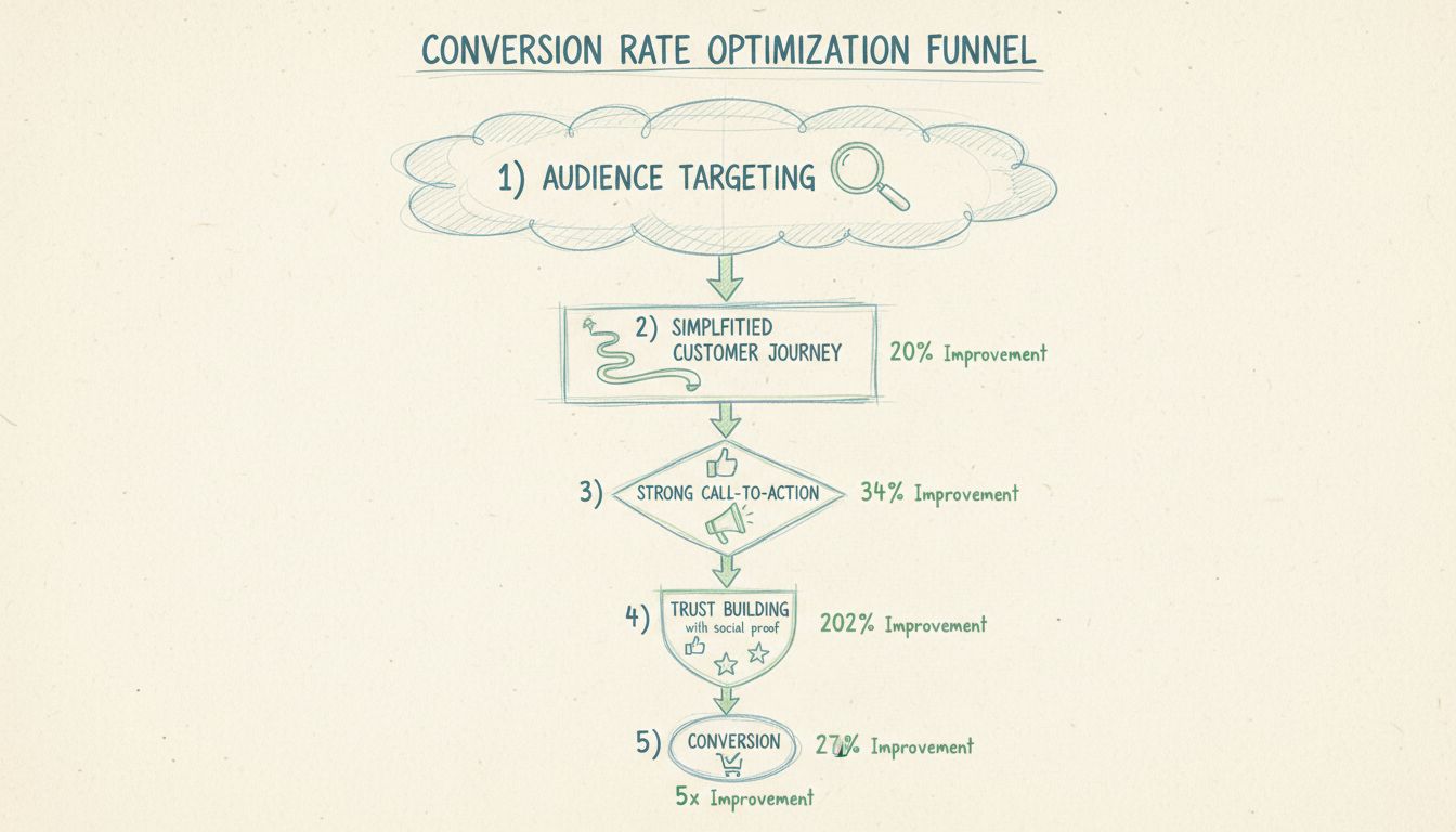 Diagramma del funnel di ottimizzazione del tasso di conversione che mostra 5 fasi: Targeting del pubblico, Percorso cliente semplificato, Call-to-action efficace, Costruzione della fiducia, e Conversione con miglioramenti percentuali