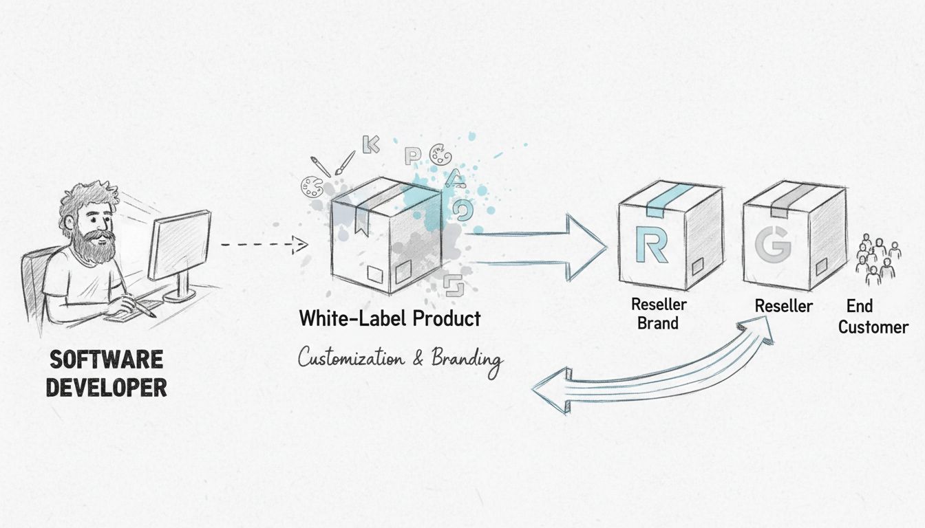 Diagramma modello di business software white-label con sviluppatore che crea il prodotto, processo di personalizzazione e branding e rivenditore che vende con il proprio marchio