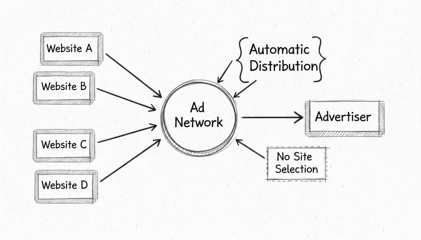 Schema Run of Network che mostra l'inserzionista collegato alla rete pubblicitaria che distribuisce annunci su più siti web