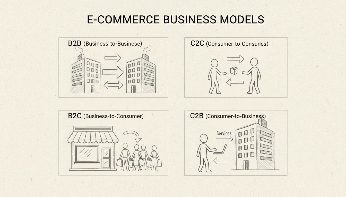 Diagramma disegnato a mano che mostra i quattro tipi di modelli di e-commerce: B2B, B2C, C2C e C2B con flussi di transazione e tipi di partecipanti