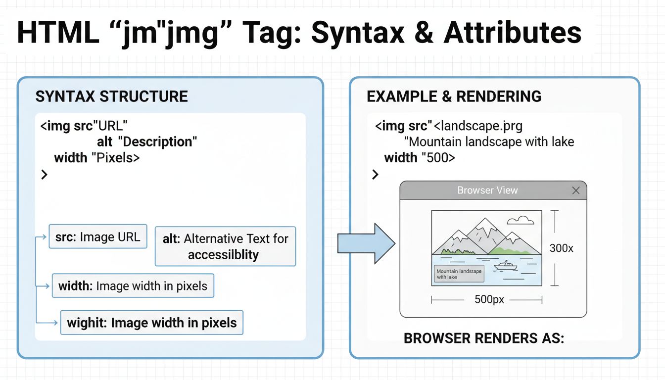 Diagramma della sintassi del tag img HTML che mostra gli attributi src, alt, width e height con esempi di codice