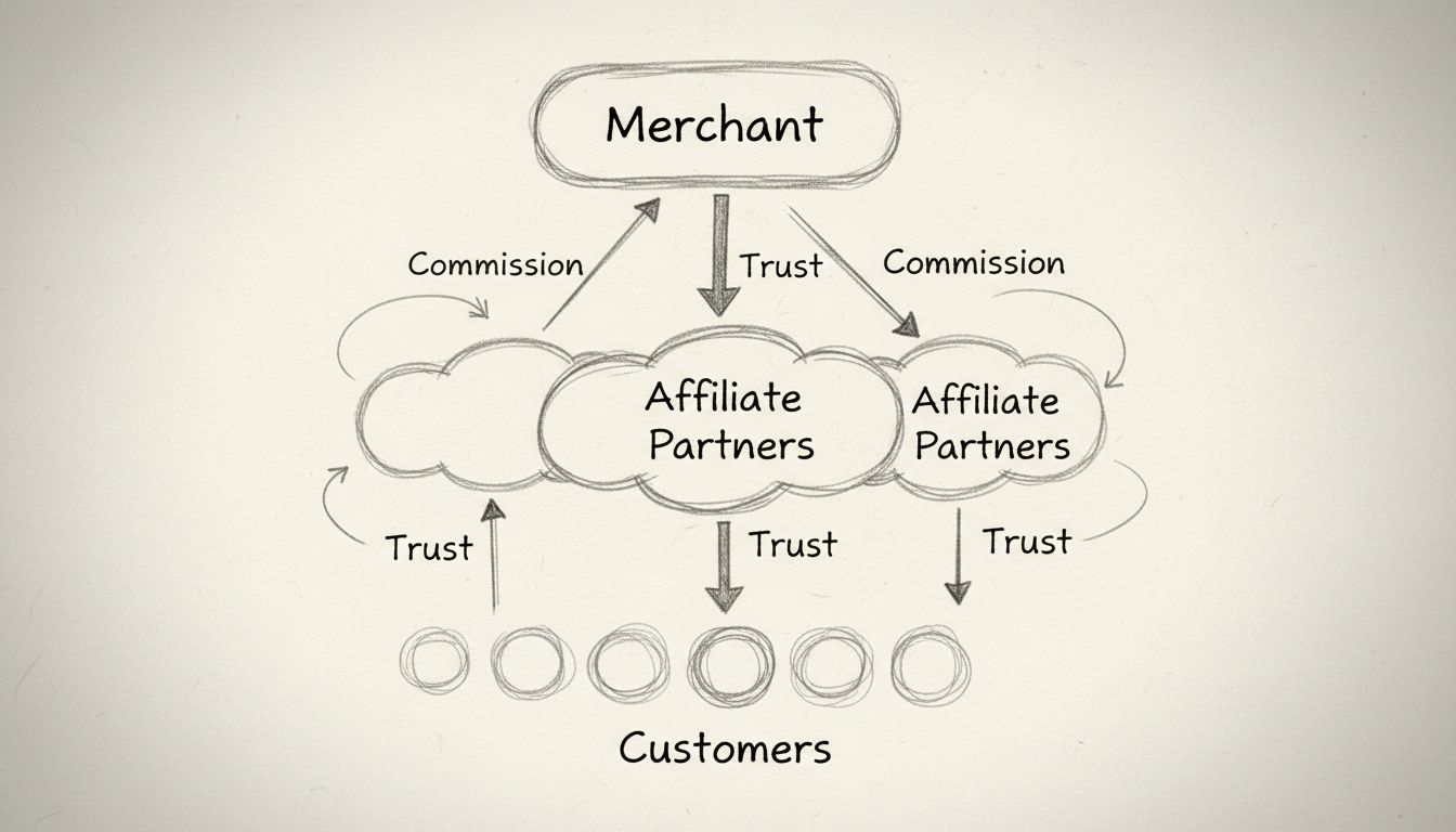 Schema della struttura di un programma di affiliazione che mostra merchant, partner affiliati, clienti, flusso di commissioni e relazioni di fiducia
