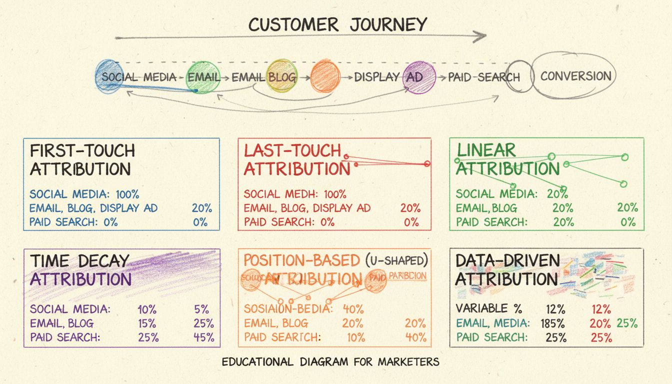 Diagramma di confronto dei modelli di attribuzione che mostra First-Touch, Last-Touch, Lineare, Time Decay, Basato sulla posizione e Basato sui dati con le percentuali di distribuzione del merito