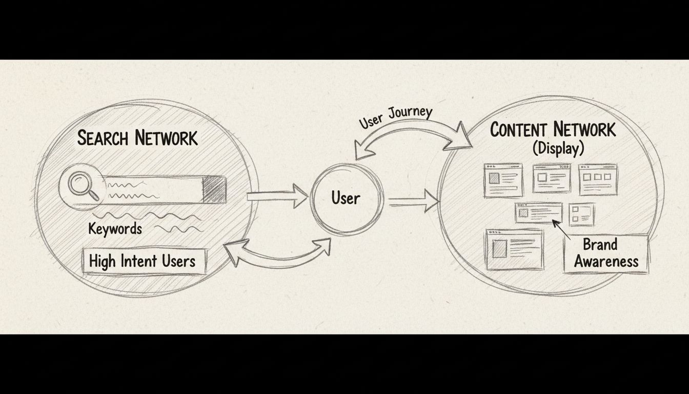 Diagramma a mano che confronta Rete di Ricerca vs Content Network mostrando il percorso utente, utenti ad alta intenzione e notorietà del brand