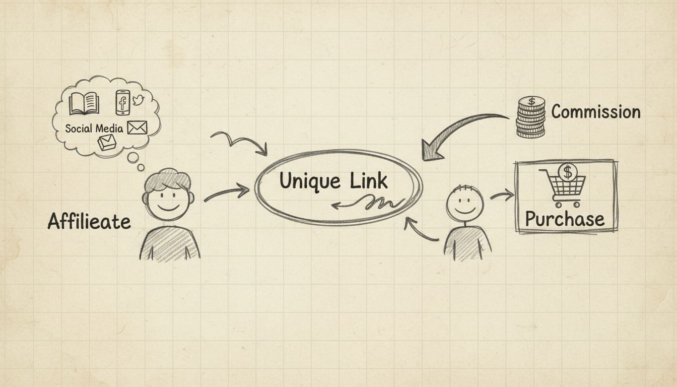 Diagramma del flusso di una campagna di affiliate marketing che mostra affiliati che promuovono su più canali, link di tracciamento unici, conversione del cliente e guadagno di commissioni