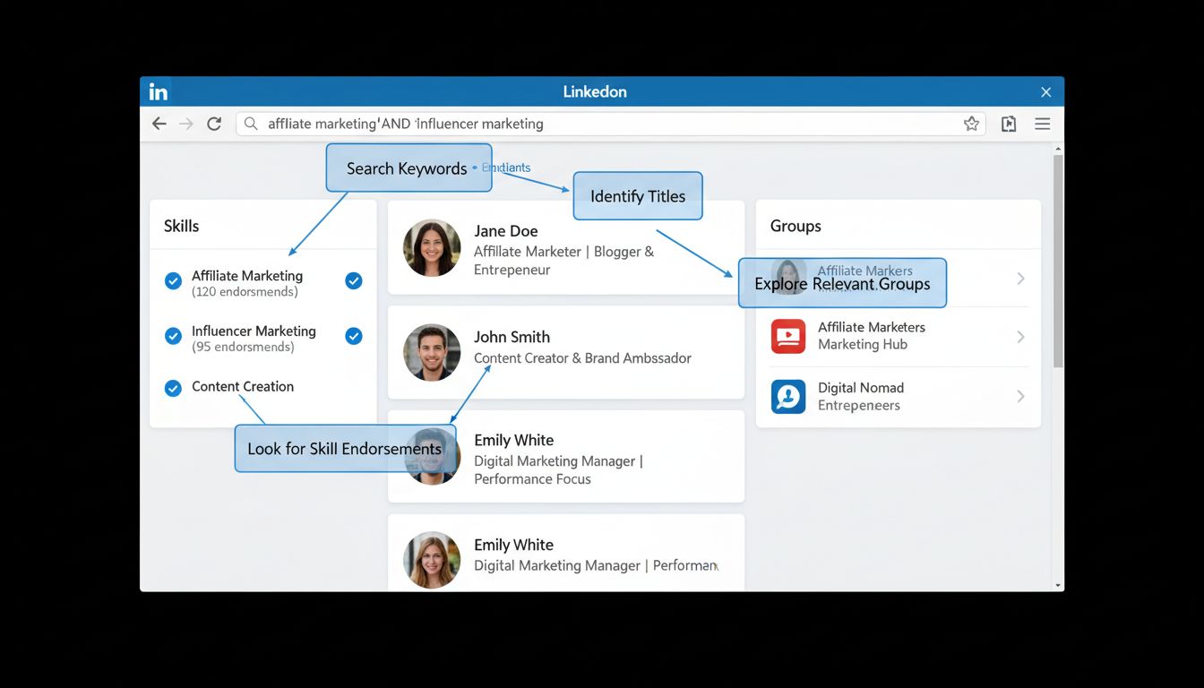 Interfaccia LinkedIn che mostra come cercare e identificare affiliati usando ricerche per parole chiave, analisi dei profili e partecipazione nei gruppi